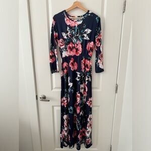 Woman’s Long Sleeve Floral Maxi Dress, Navy/multi - size M
